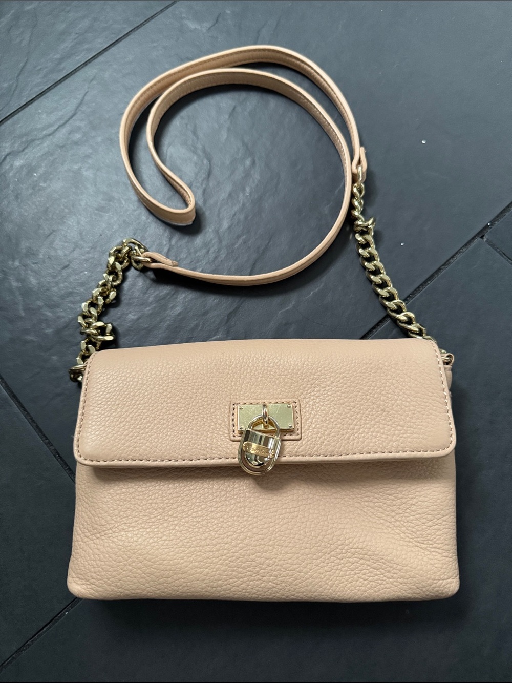 Calvin Klein Pebbled Leather Crossbody in Nude with Gold Hardware